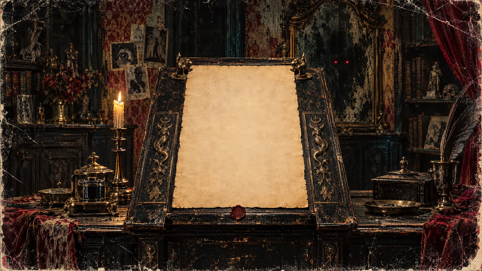 A blank parchment document rests on an ornate podium in Abaddon's office.